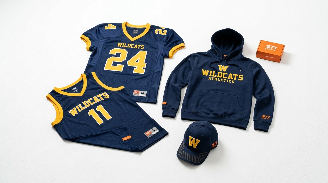 How to Integrate Custom Team Apparel With Your School’s Entire Visual Brand 1 High-quality school athletic team gear collection in navy and gold