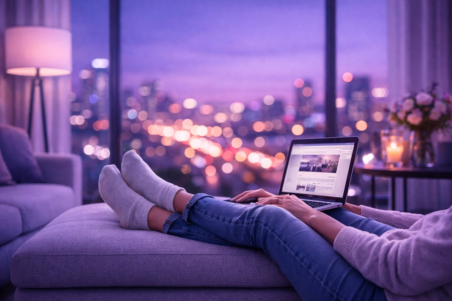 Applying for an online personal loan in Calgary using a laptop from a comfortable modern apartment.