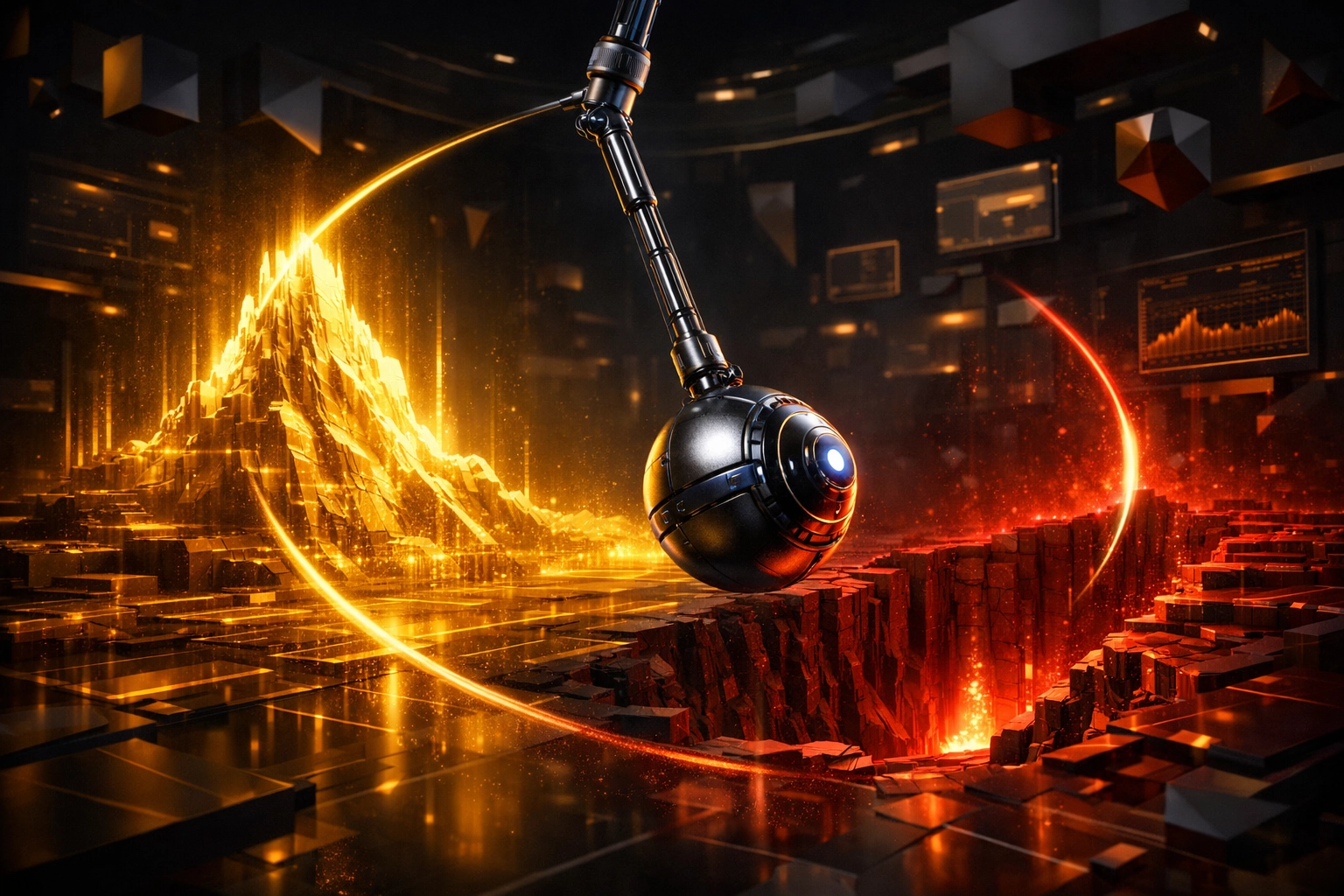 A pendulum swinging over data charts representing NBA betting cycles and Law of Average handicapping trends.