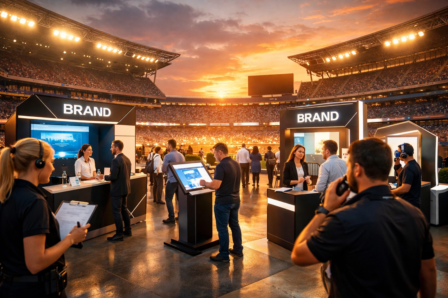 Professional brand activation event at sports stadium with interactive fan engagement displays