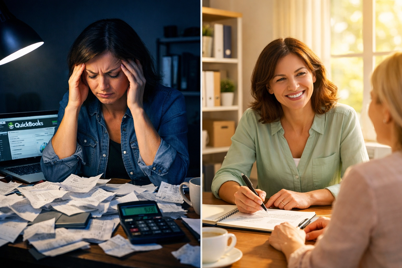 Stressed business owner doing DIY bookkeeping late at night versus relaxed professional meeting