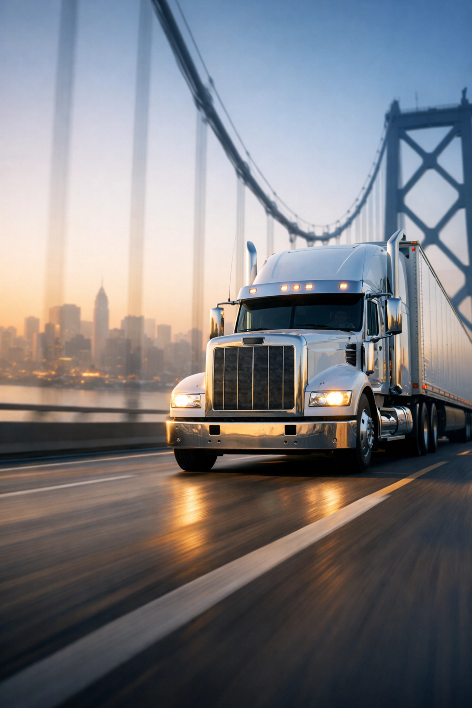 Logistics truck crossing a bridge at dawn representing strategic supply chain relief and performance.