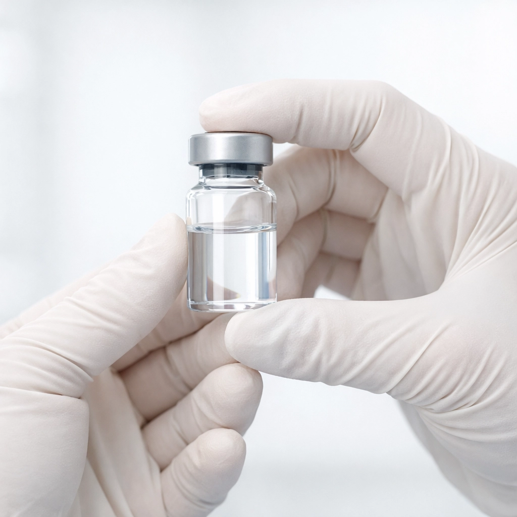 Healthcare professional holding a medical vial for compounded GLP-1 weight loss treatment.