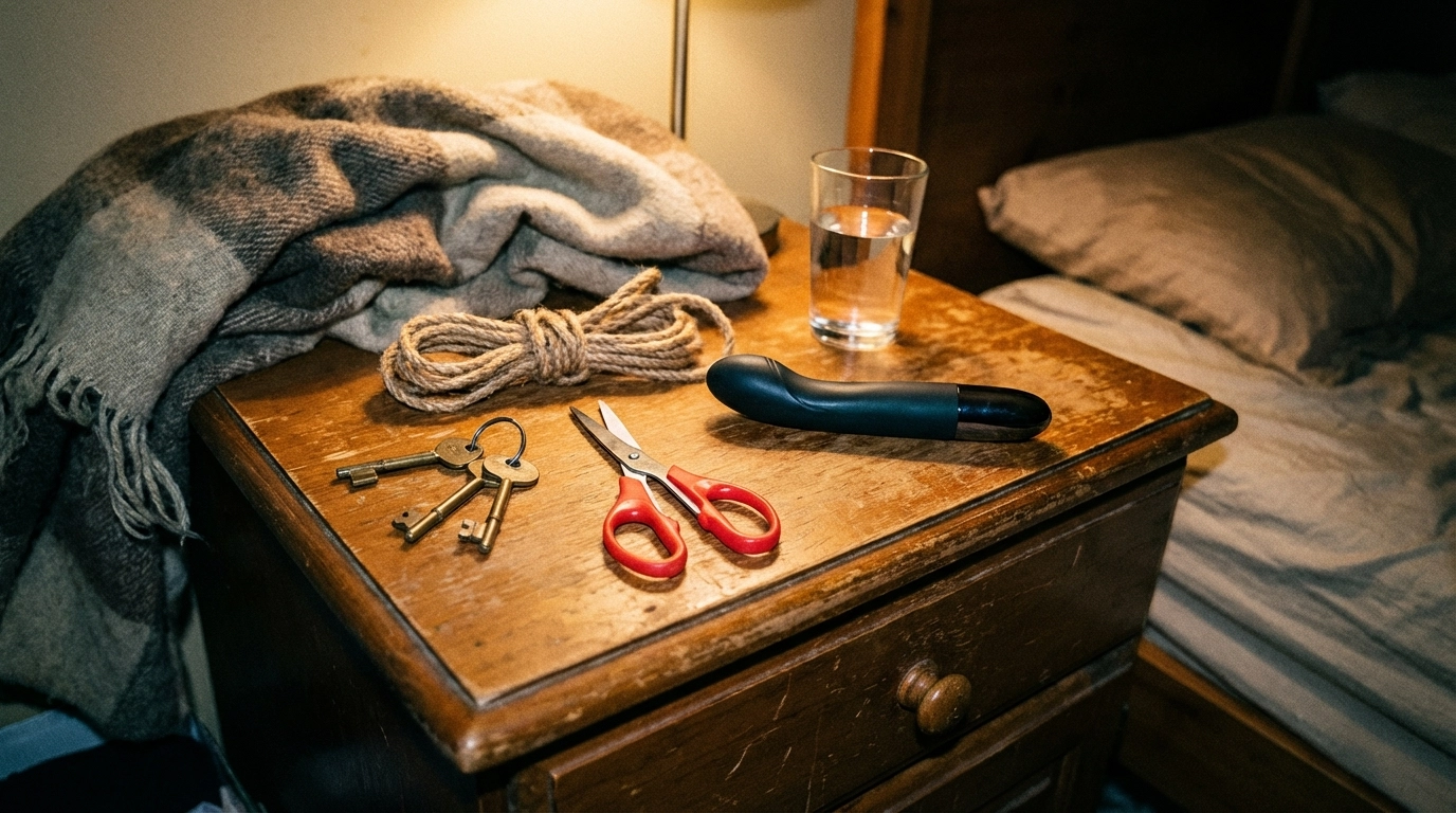 Aftercare/kink kit still life: rope, safety shears, two keys, and a premium vibrator beside water and a blanket on a nightstand
