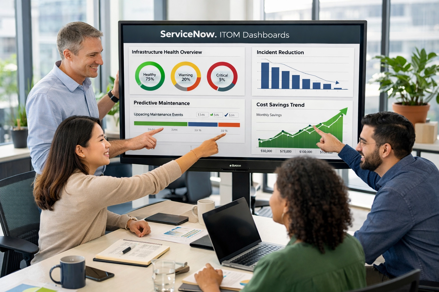 IT team analyzing ServiceNow ITOM dashboards showing cost savings and improved incident resolution metrics