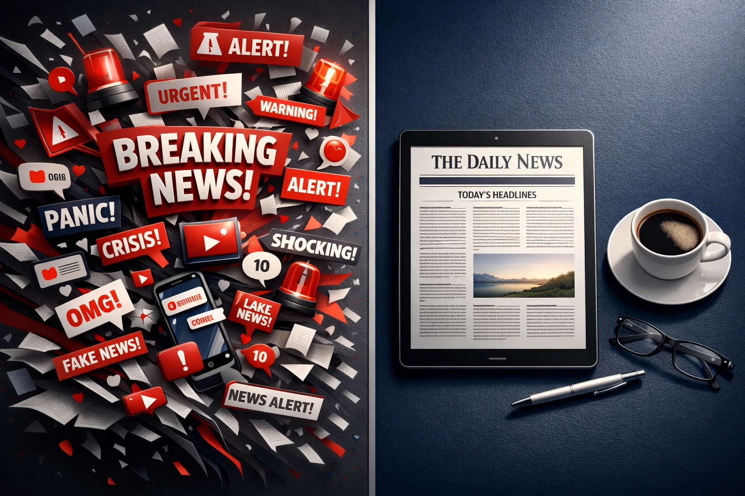 Split view contrasting chaotic news headlines with calm, organized Christian news digest