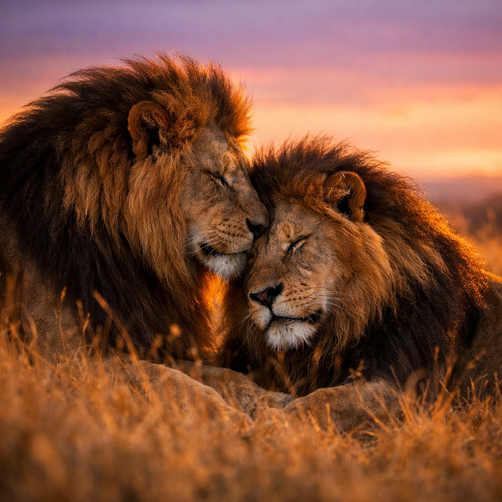 Male lions nuzzling in the wild, illustrating natural same-sex bonds that mirror MM romance tropes.