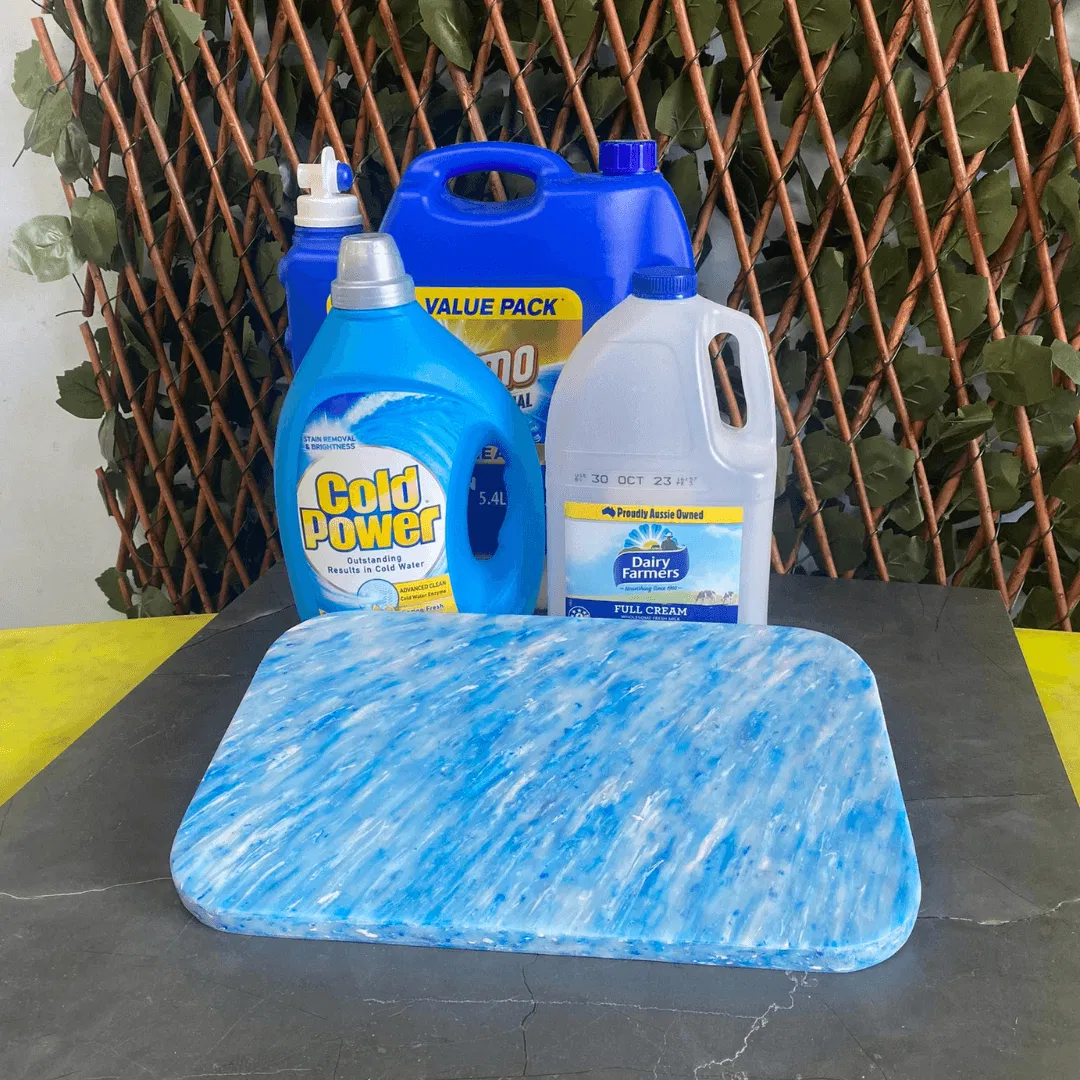 Rectangular blue-and-white marbled sheet made from 100% recycled Australian plastic waste