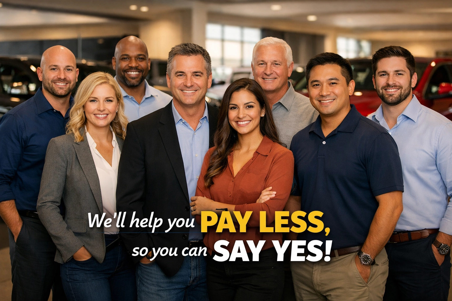 Diverse multilingual sales team at Roseville Kia showroom