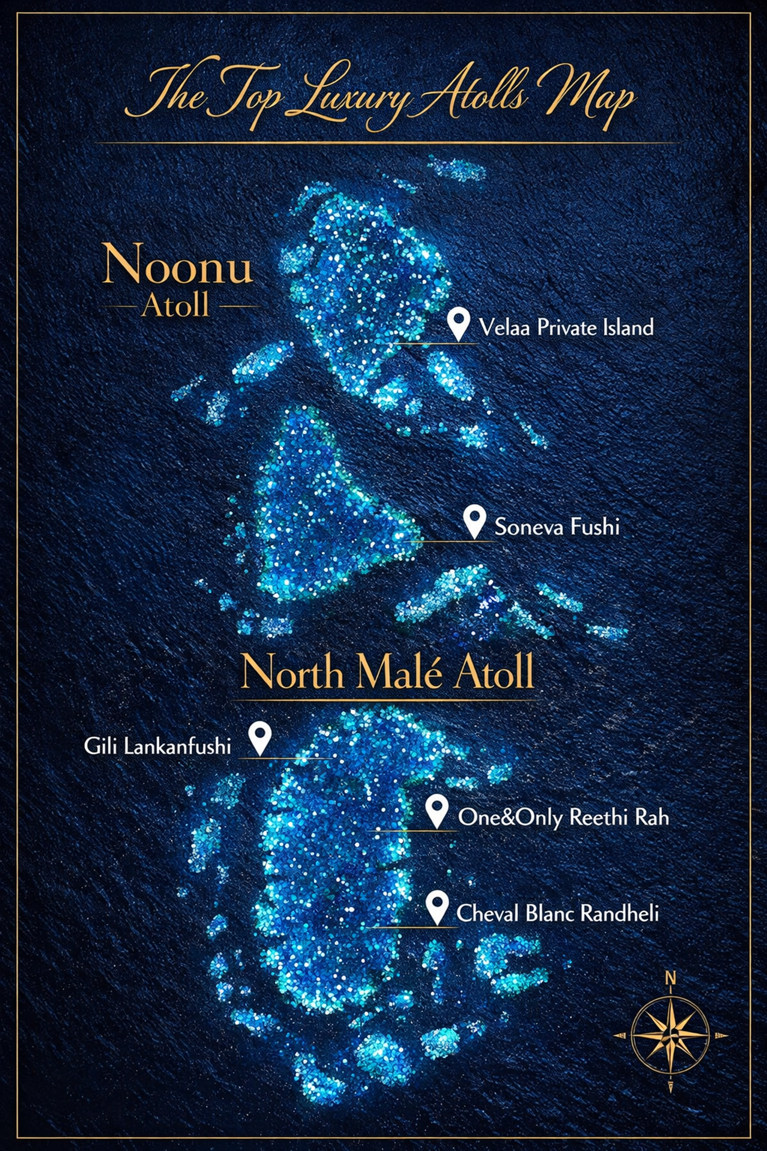 Map of the Maldives atolls showing locations of top luxury resorts and iconic private islands.