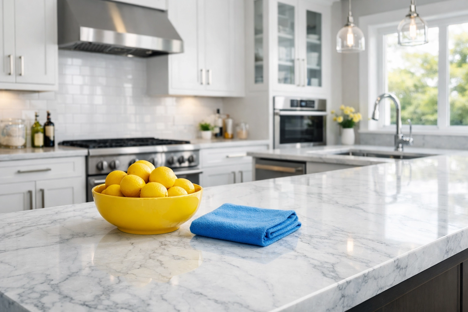 Clean North Cambridge kitchen with marble countertops, part of a professional deep cleaning service.