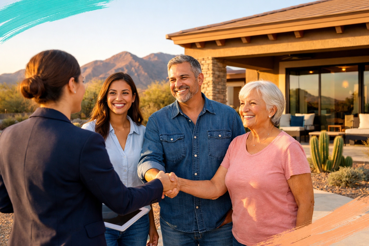 Real estate agent meeting with clients outside Glendale home with desert landscaping