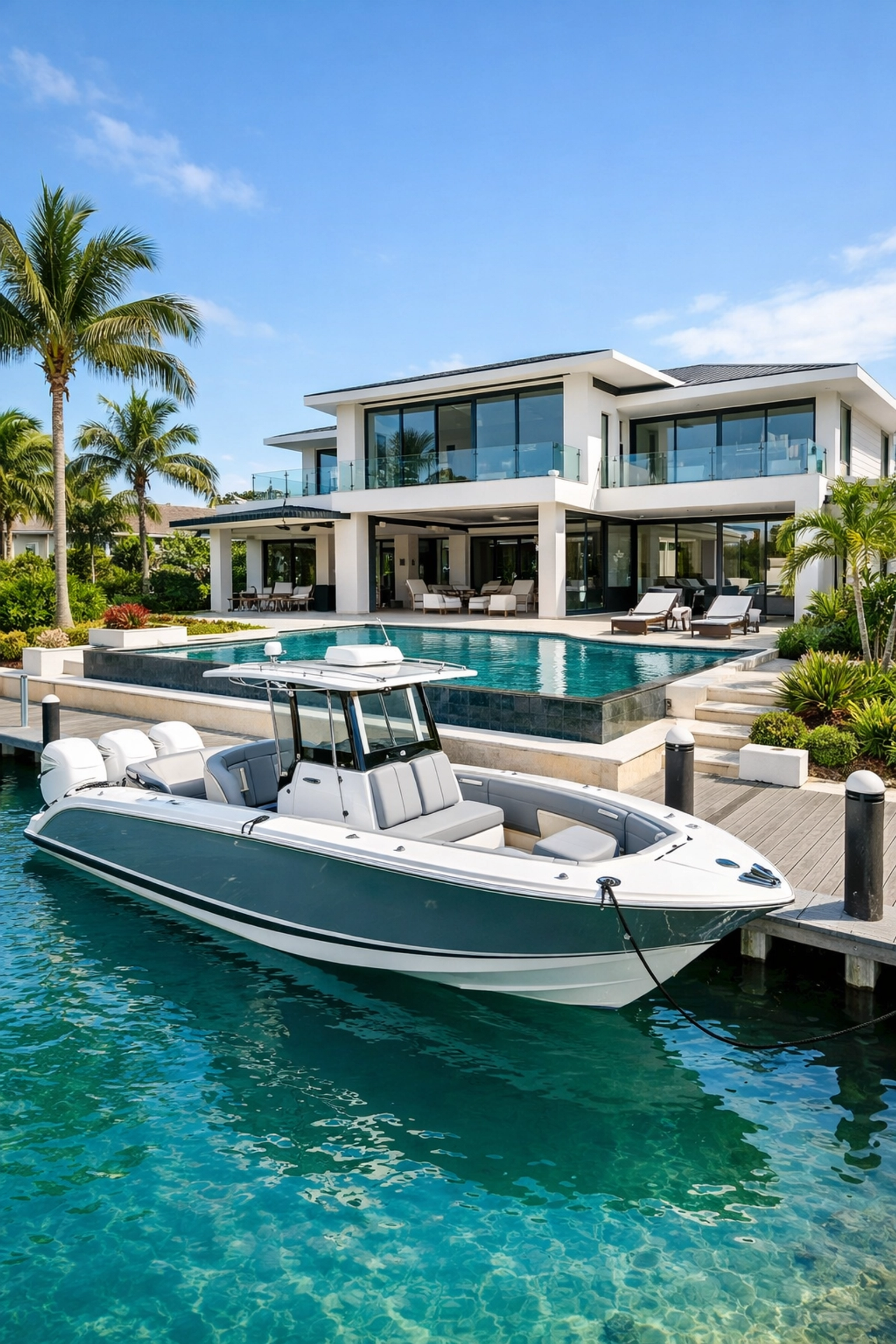 Modern luxury waterfront home with a private boat dock in Southwest Cape Coral.