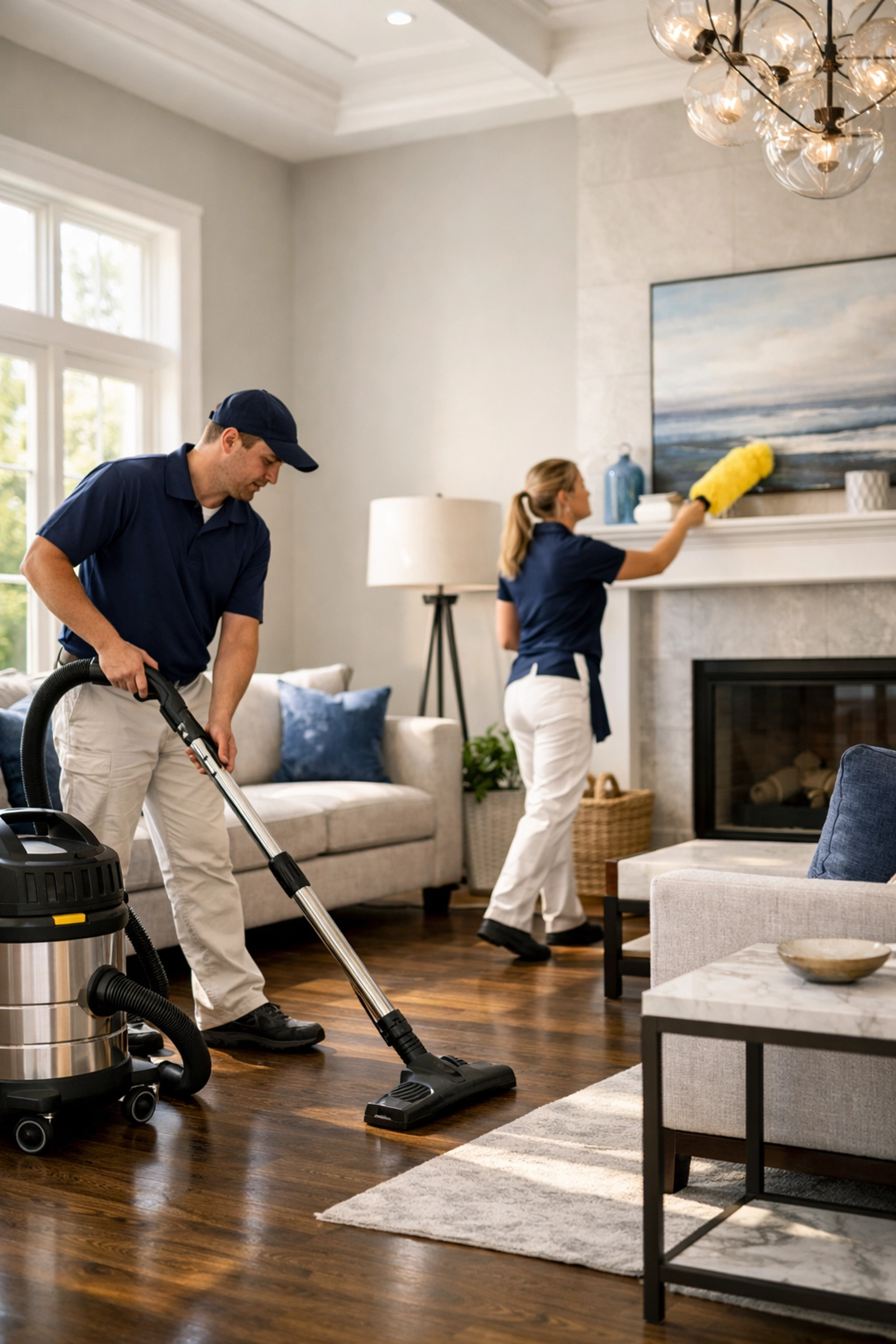 Expert team performing post construction cleaning in a renovated Bedford living room using HEPA vacuums.