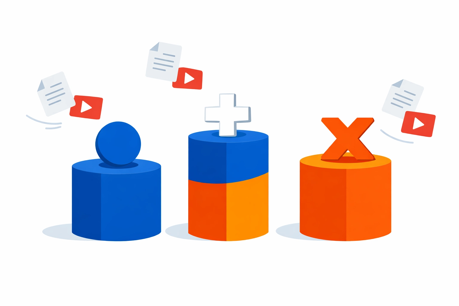 Strategic decision icons for auditing customer education content to keep, patch, or trash assets.