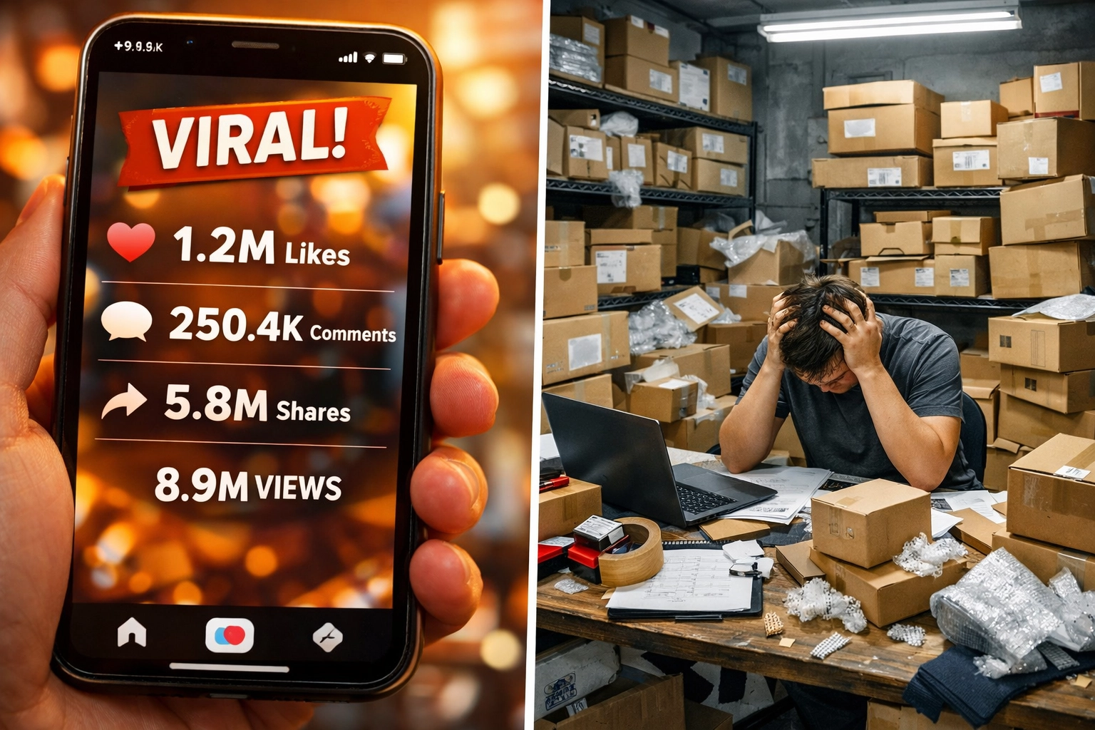 Viral TikTok video success contrasted with overwhelmed warehouse fulfillment operation
