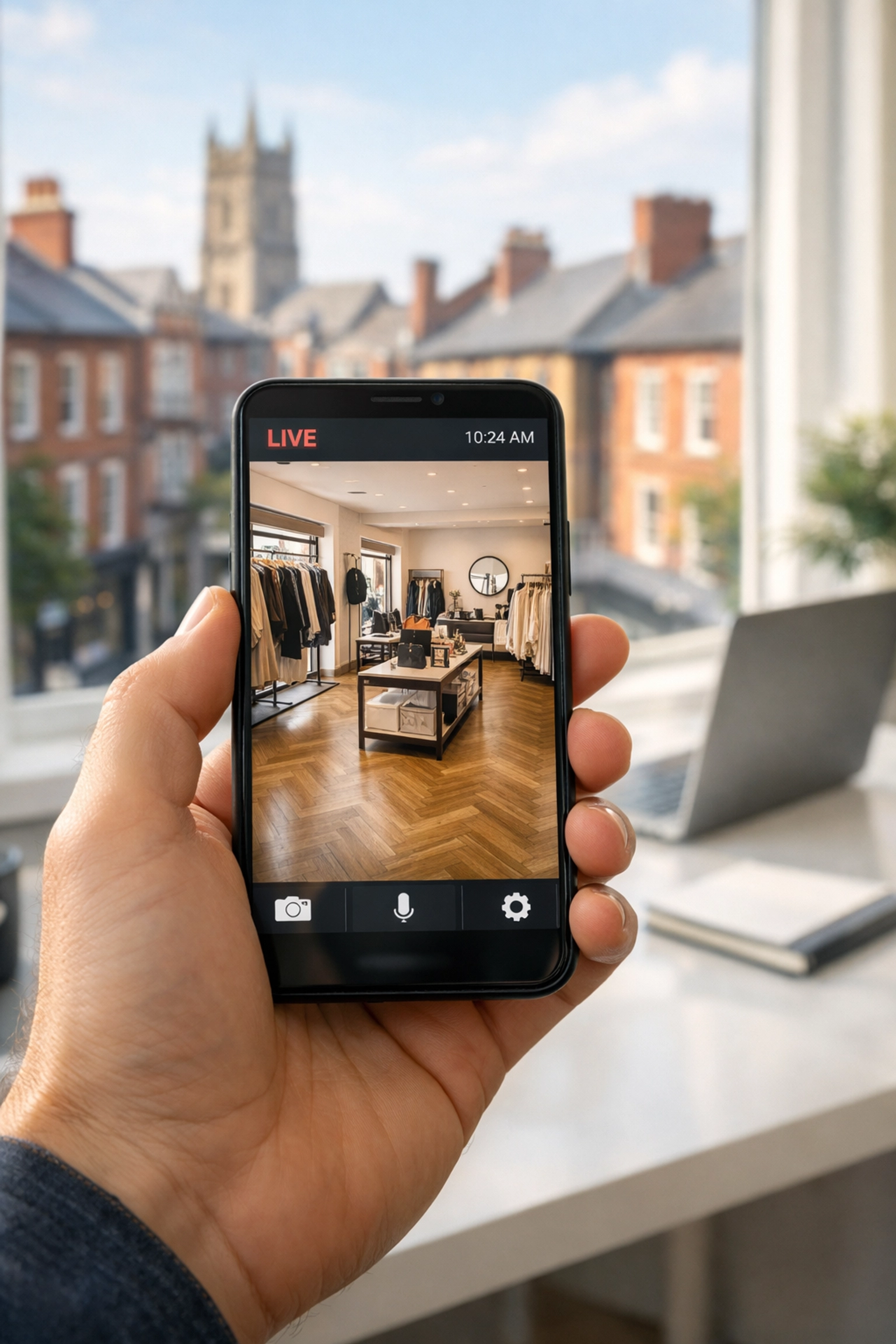 Business owner monitoring a Taunton shop via a live security camera feed on a smartphone.