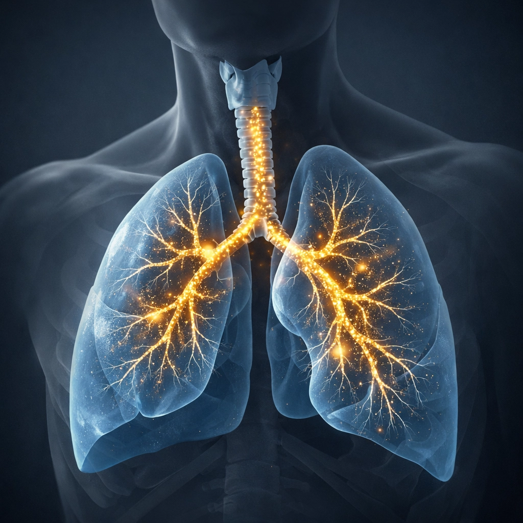 Medical visualization of fine respirable dust particles entering human lungs and respiratory system.