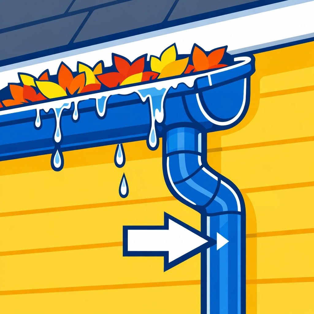 Clogged gutter overflowing with leaves causing water damage to home