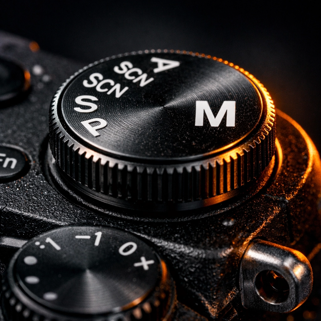 Close-up of a camera dial set to 'M' to explain how to use manual mode camera settings for beginners.