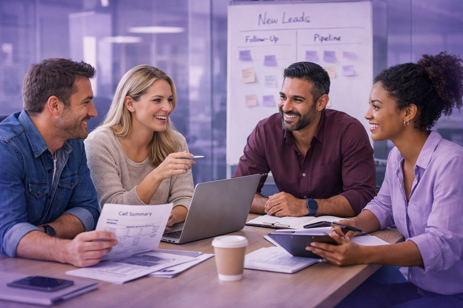 Modern corporate office team reviewing AI-qualified lead updates in a collaborative workspace.