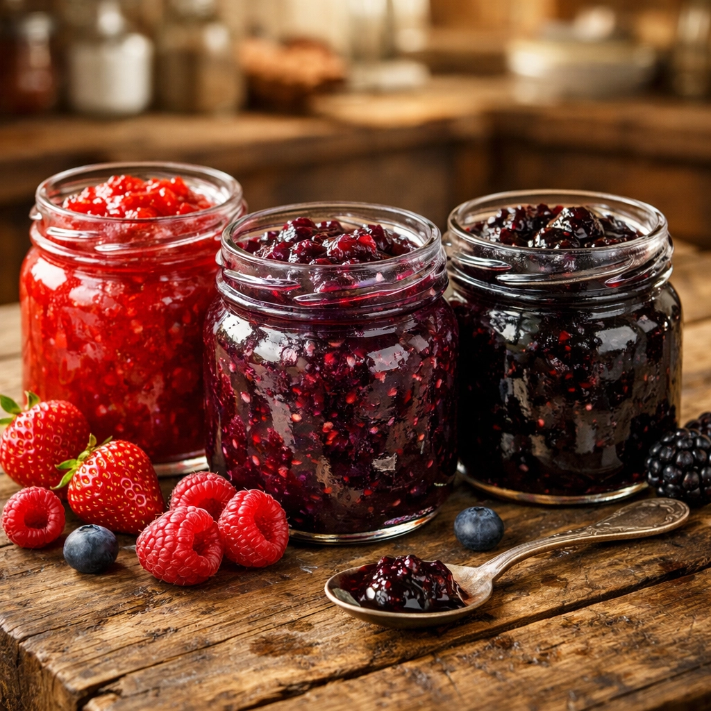 Handcrafted fruit jams in glass jars with fresh berries on weathered wood table