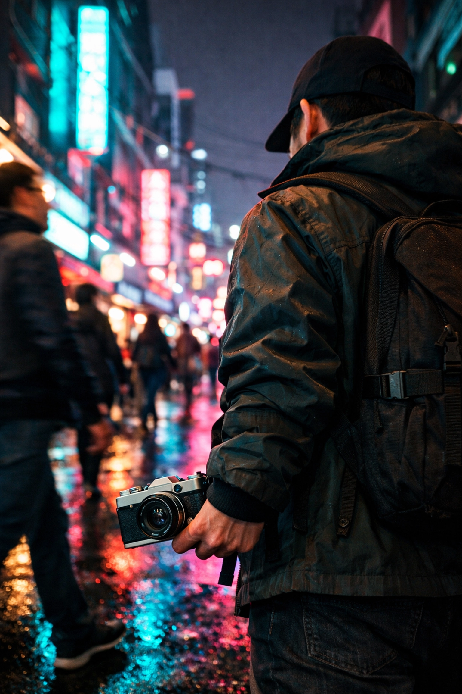 A photographer using a compact camera for street photography in a neon-lit city at night.