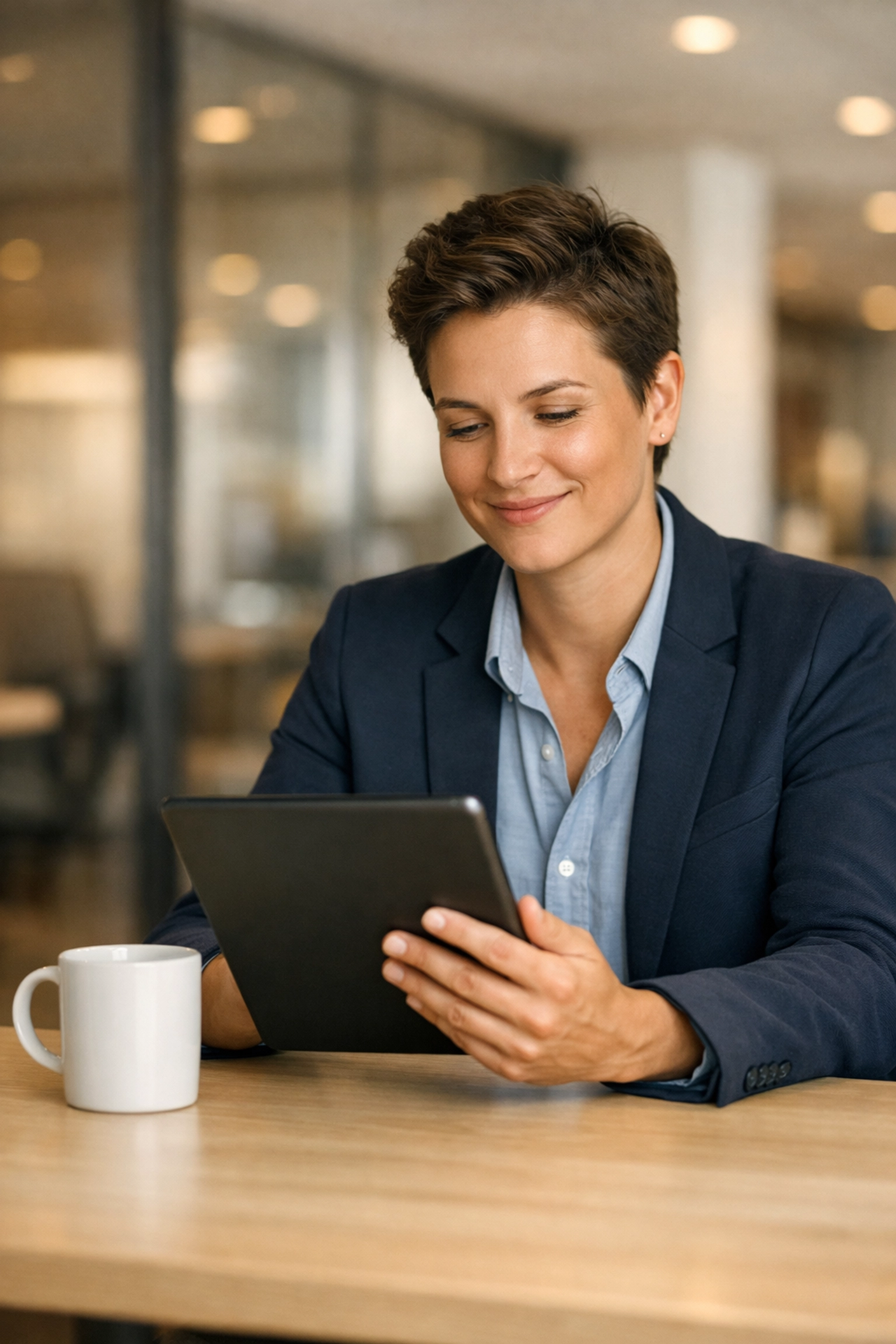 Confident professional using a tablet, showcasing content marketing tools for bloggers and small business.