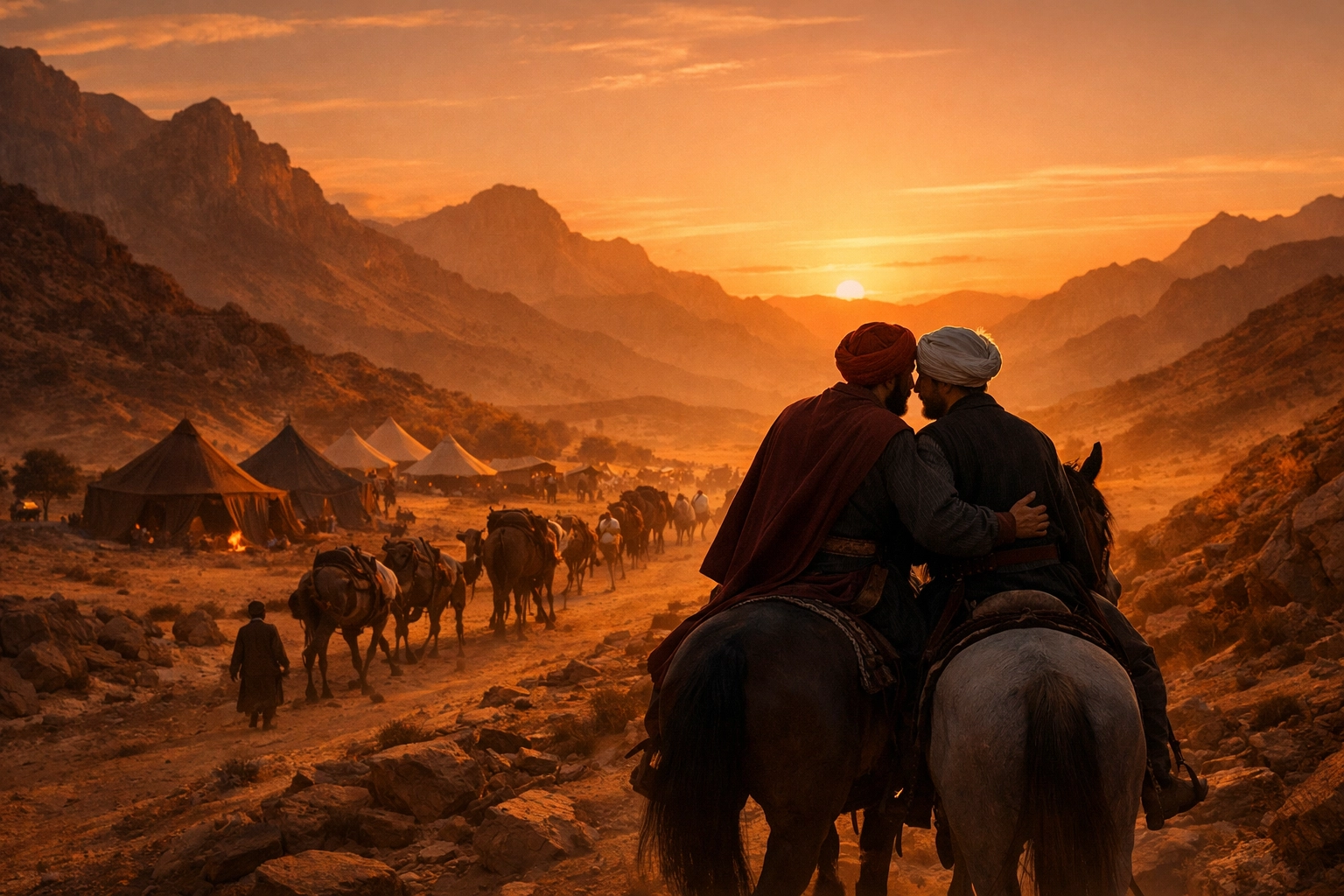 Ottoman caravan journey through mountains - historical MM romance travel and adventure theme