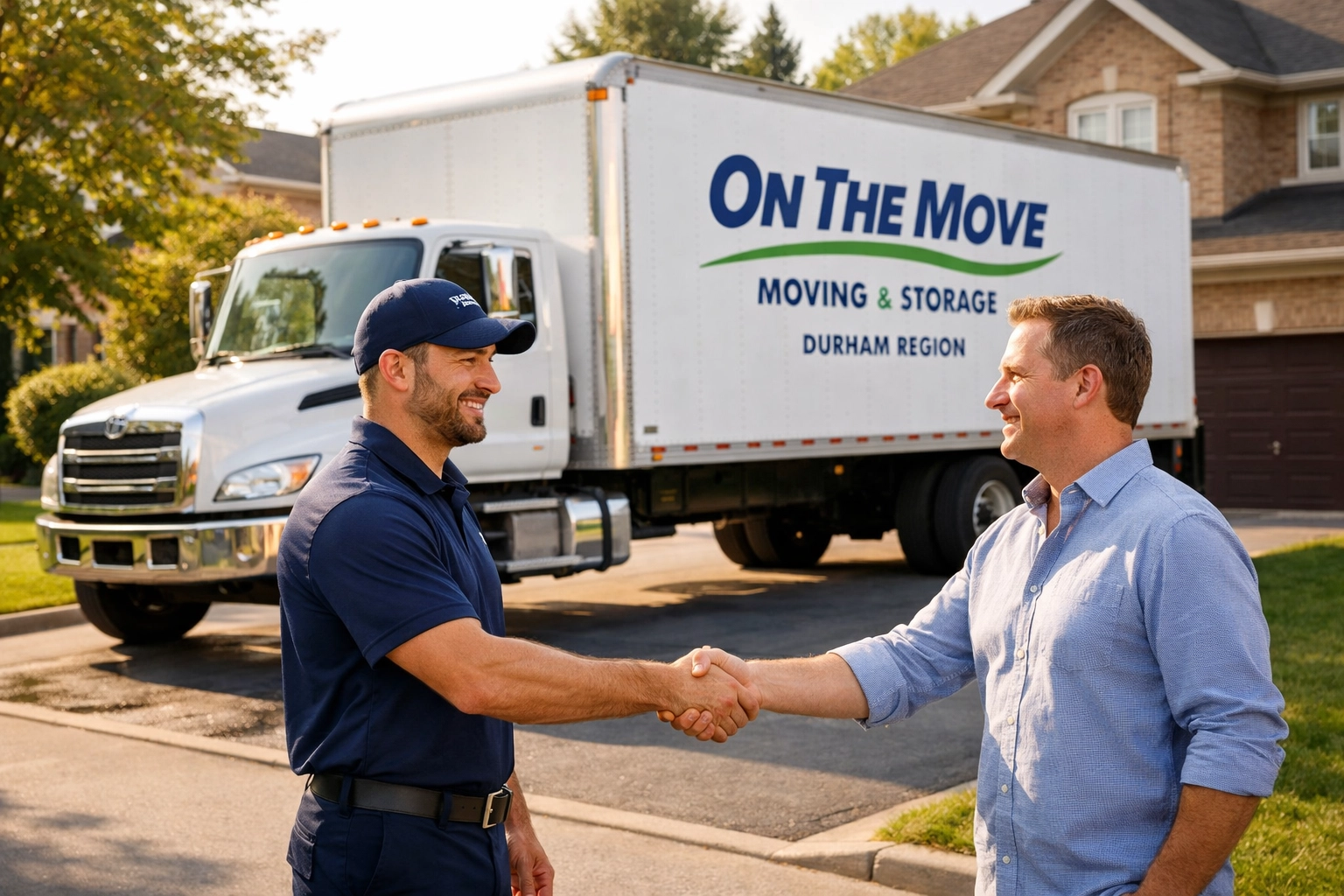 Professional Durham Region movers shaking hands with a client next to a branded truck during a stress-free move.