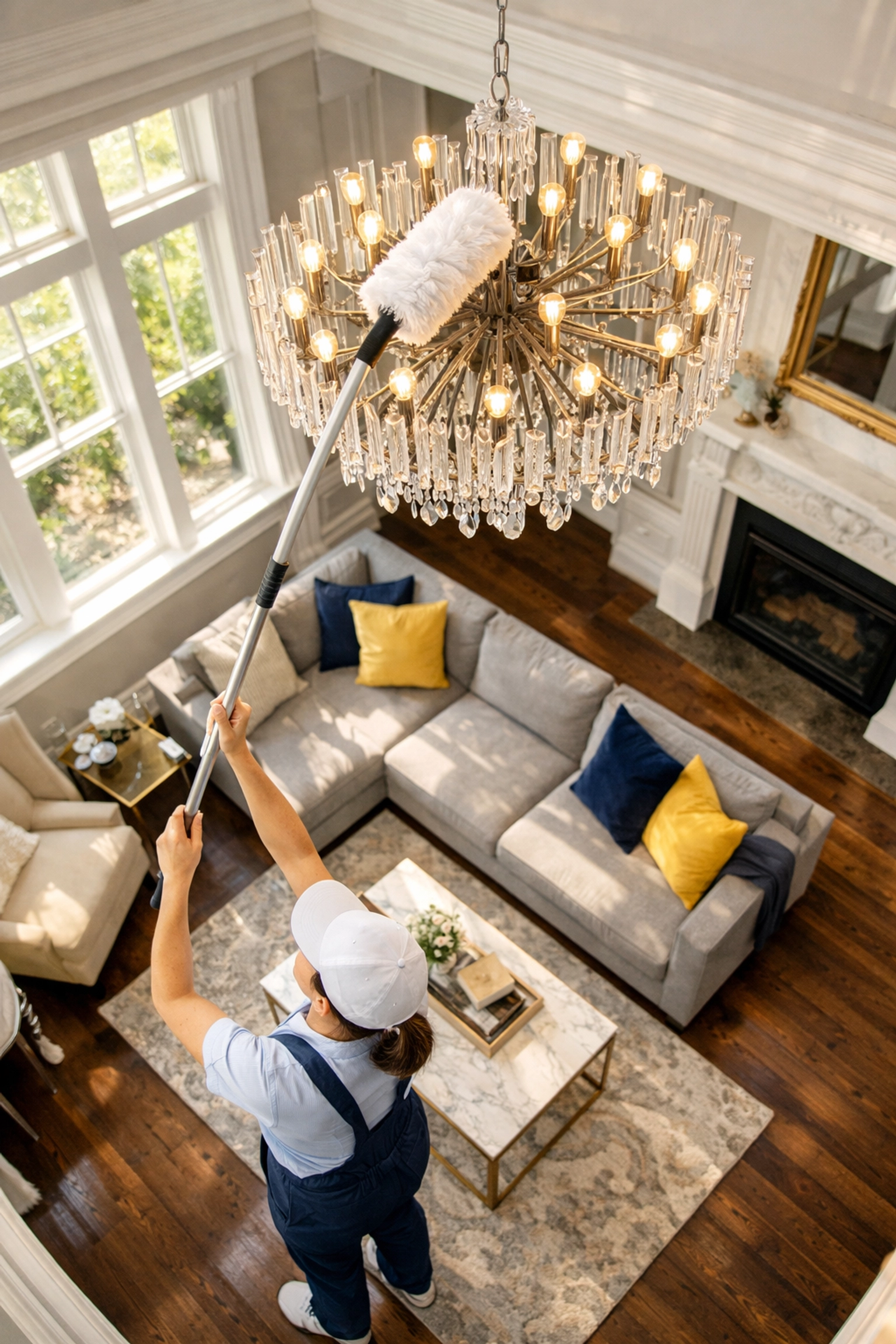 Professional house cleaning Worcester MA team dusting a high-end chandelier in a modern living room.