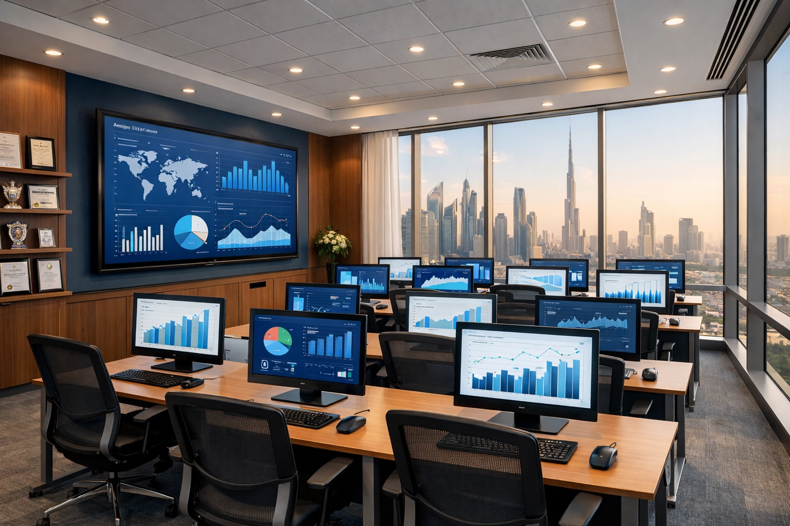 Modern KHDA-approved data science training center classroom in Dubai with computers and skyline view