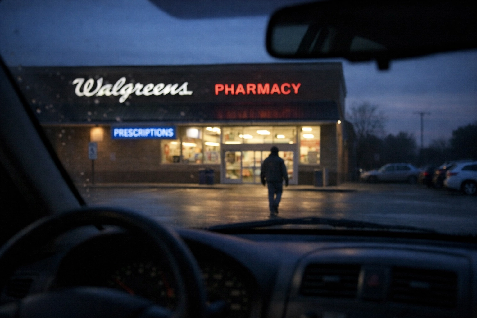 Person approaching pharmacy storefront at dusk for routine prescription pickup