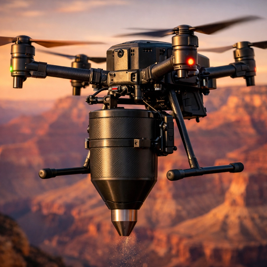 Commercial drone with ash release system for drone ash scattering over the Grand Canyon at sunset.