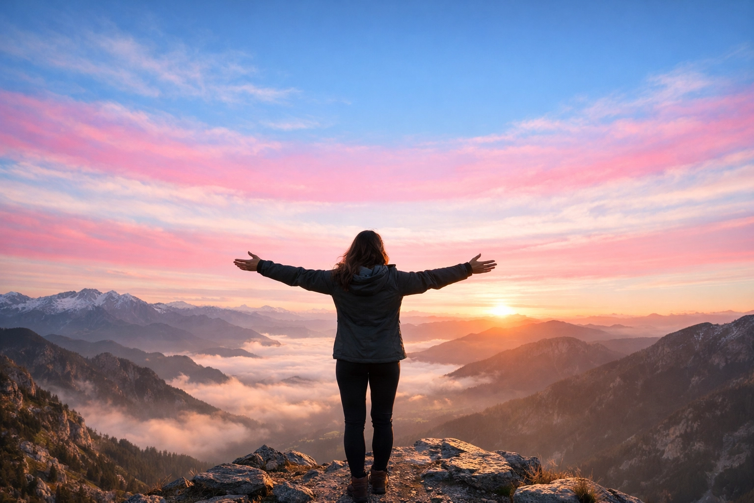 A woman overlooking a mountain at a trans-flag colored sunrise, symbolizing freedom and self-acceptance.