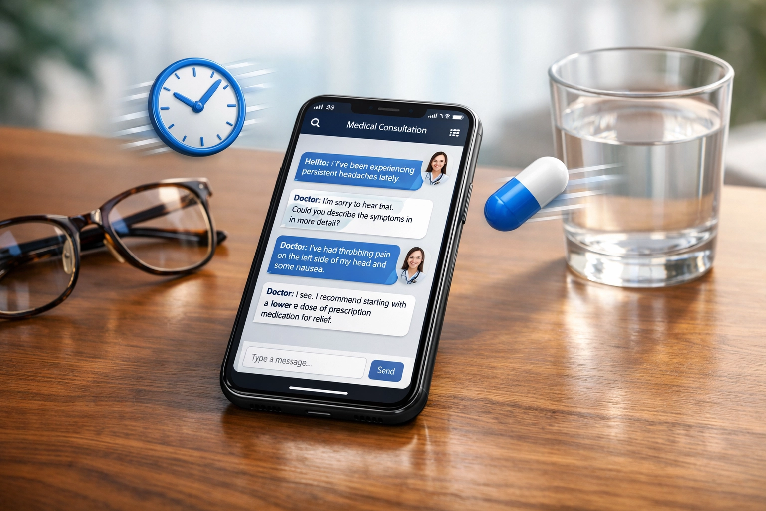 Quick online urgent care consultation on a smartphone showing fast response times for medical prescriptions.