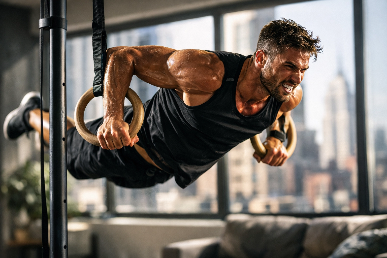 Athlete performing muscle-up on gymnastics rings attached to floor-to-ceiling pole at home