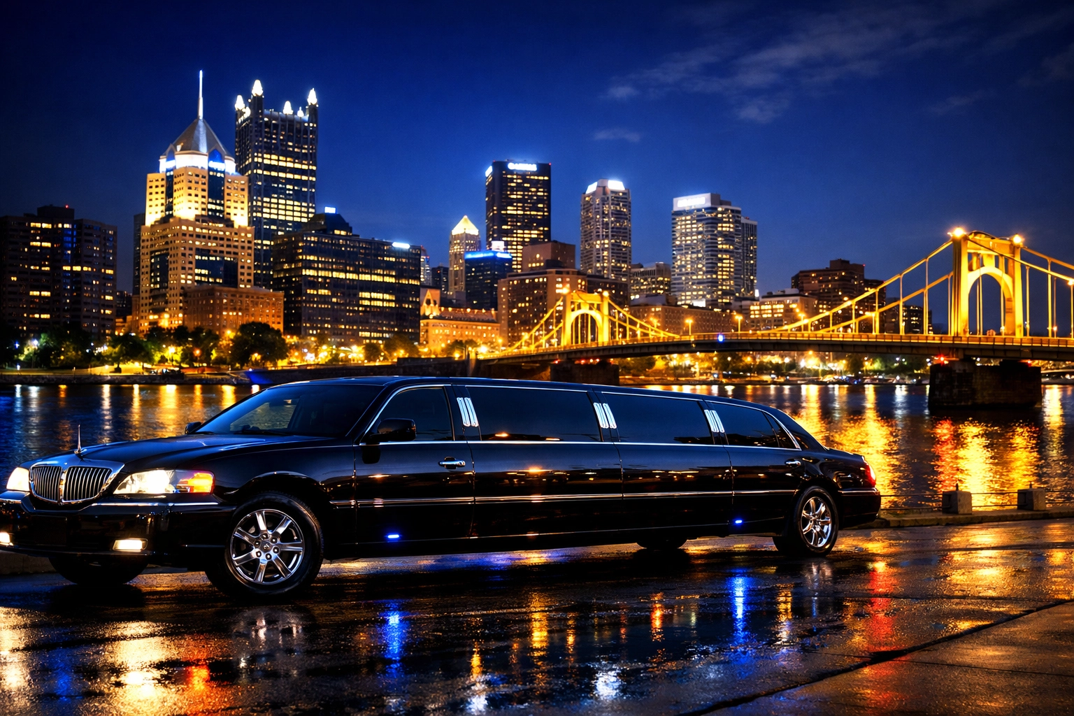 Pittsburgh downtown skyline at night with luxury stretch limousine in foreground