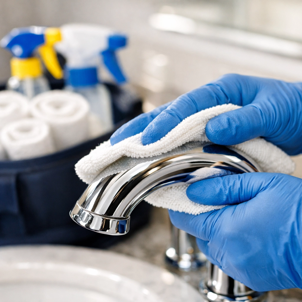 Professional cleaner polishing chrome fixtures in a bathroom, demonstrating expert cleaning services near me.