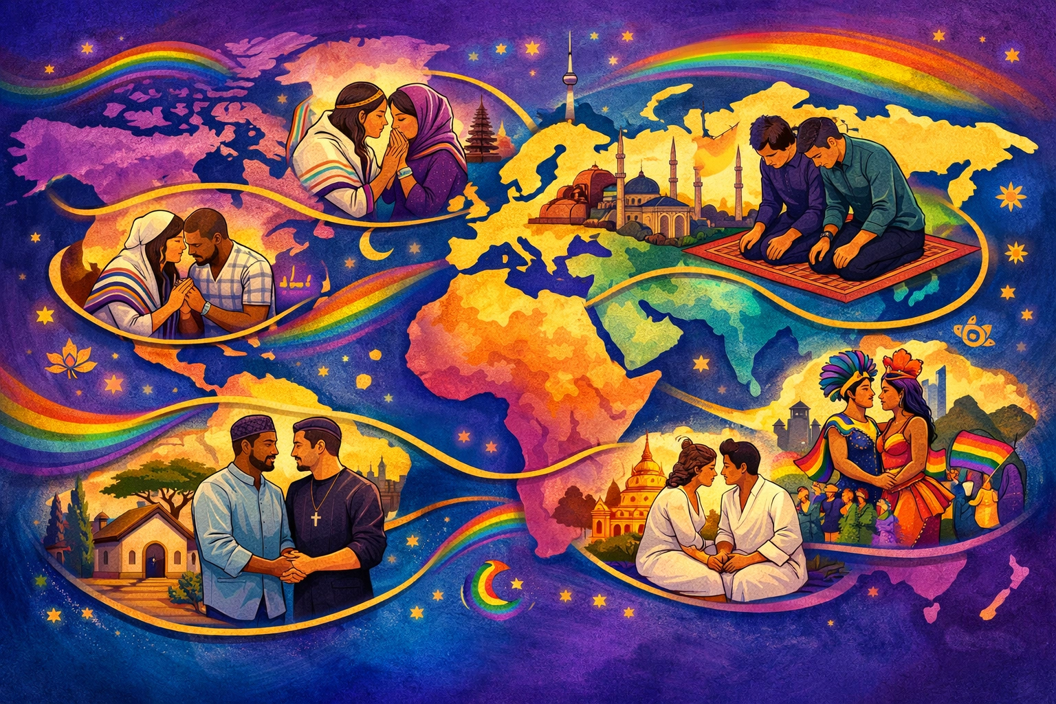 Global map showing LGBTQ+ faith communities across continents from Seoul to Rio to Istanbul