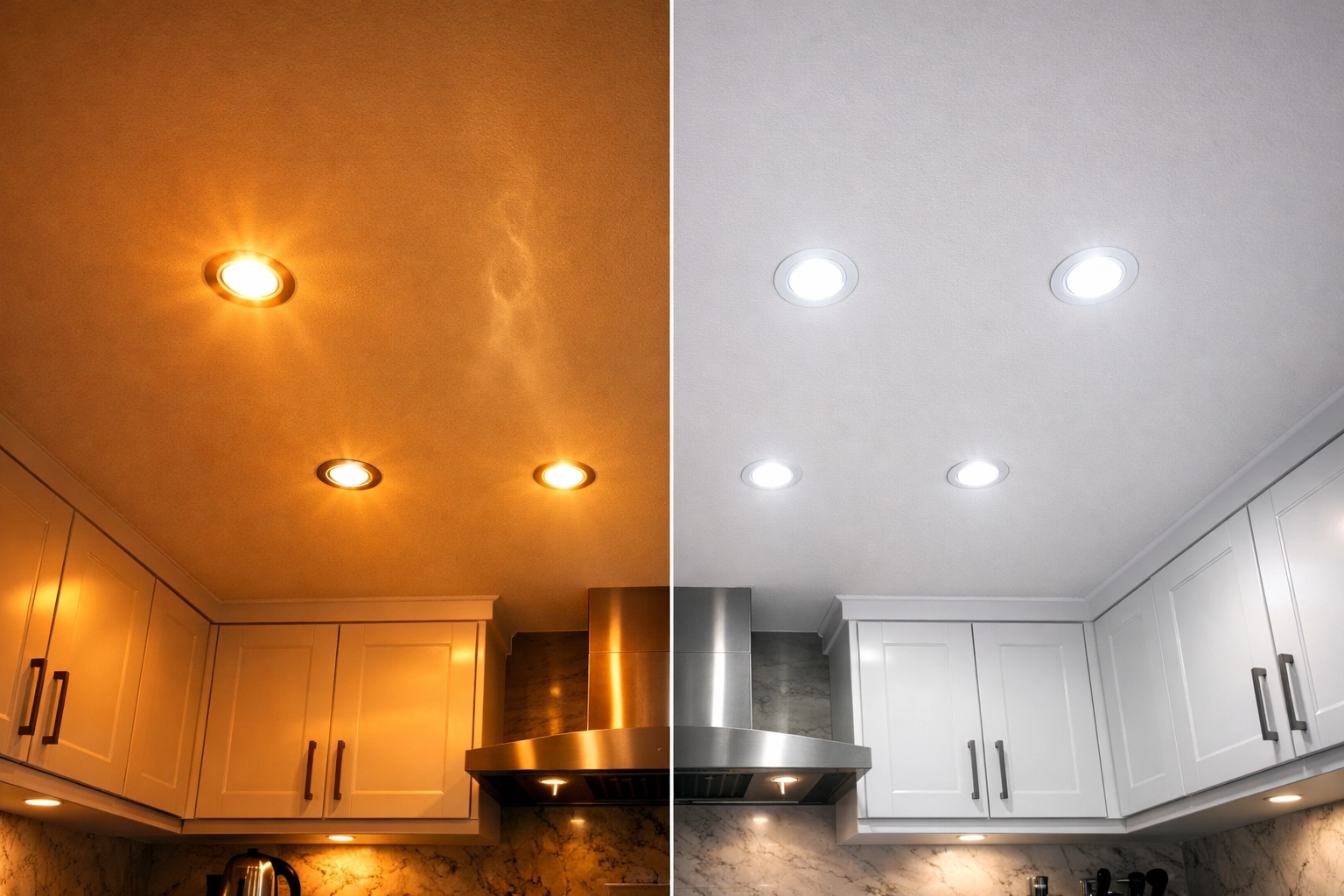 Halogen vs LED downlights comparison showing energy savings in kitchen