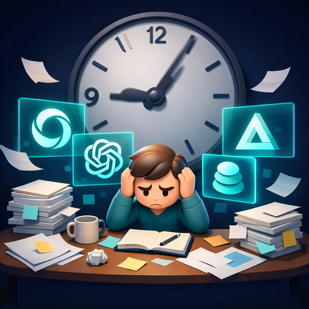 Person overwhelmed by manual AI platform monitoring across multiple platforms and queries