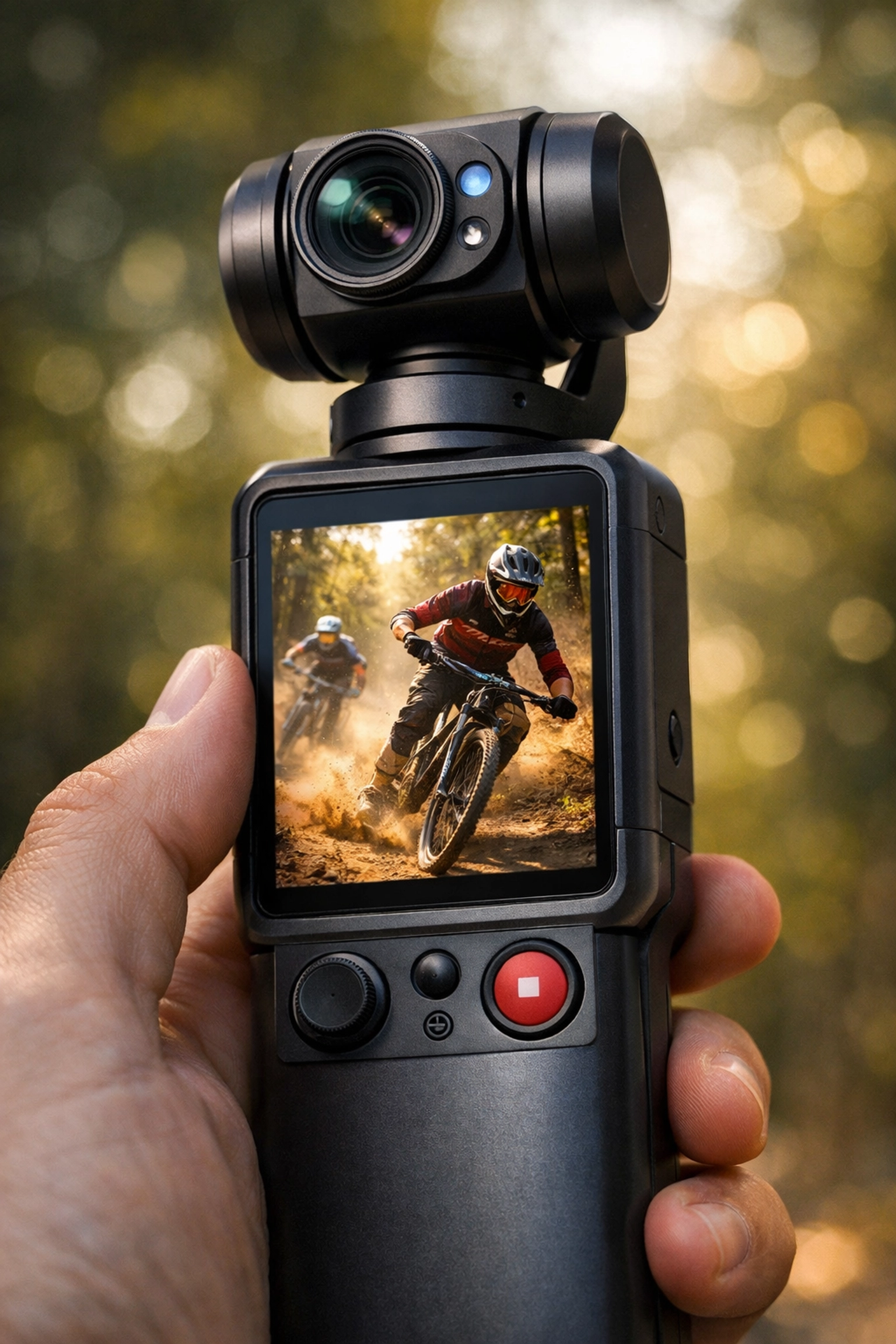 Handheld gimbal camera recording high-speed action in 4K, showcasing the latest mirrorless video updates.