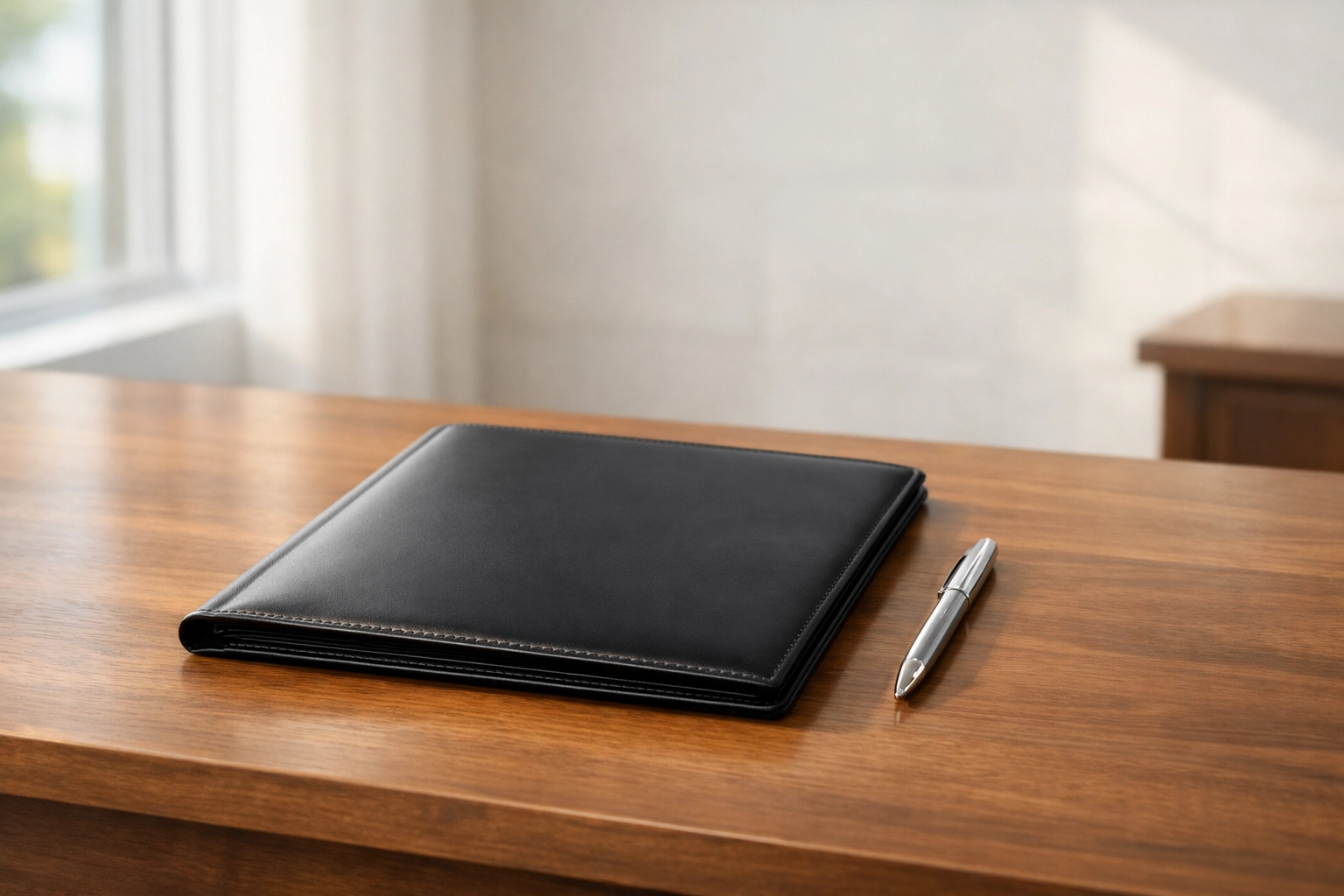 Professional desk with legal folder for bankruptcy property title search and O&E report vetting.