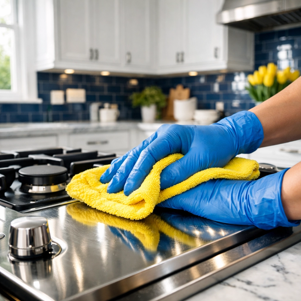 Professional deep cleaning in a Marlborough kitchen polishing a stainless steel stovetop to a shine.