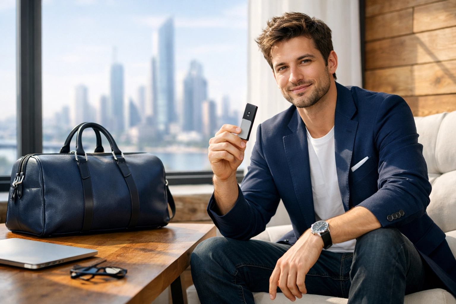 Tech entrepreneur holding a hardware wallet next to a Larecoin duffle bag in a modern loft.