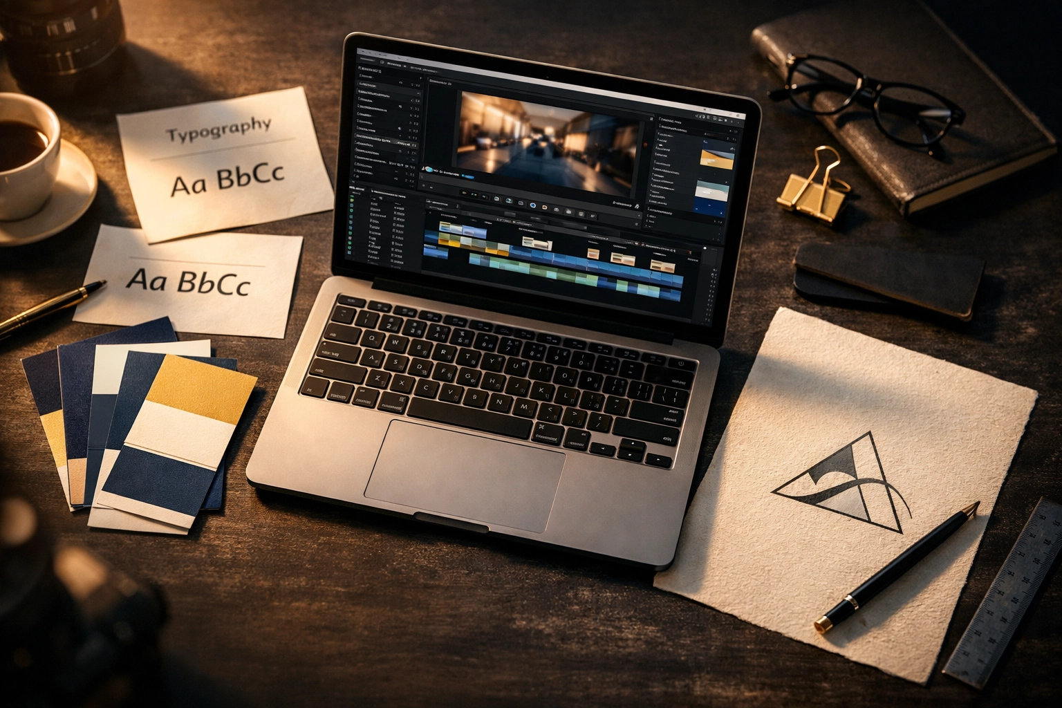 Brand identity workspace with video editing timeline, color swatches, and logo design materials