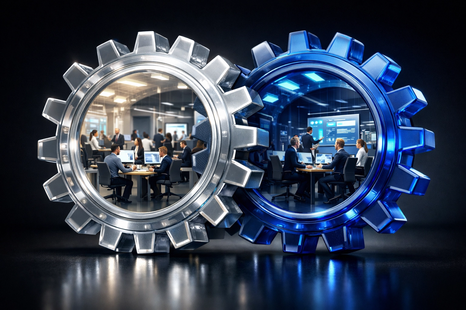 Interlocking gears symbolizing recruitment process outsourcing as a seamless growth engine.