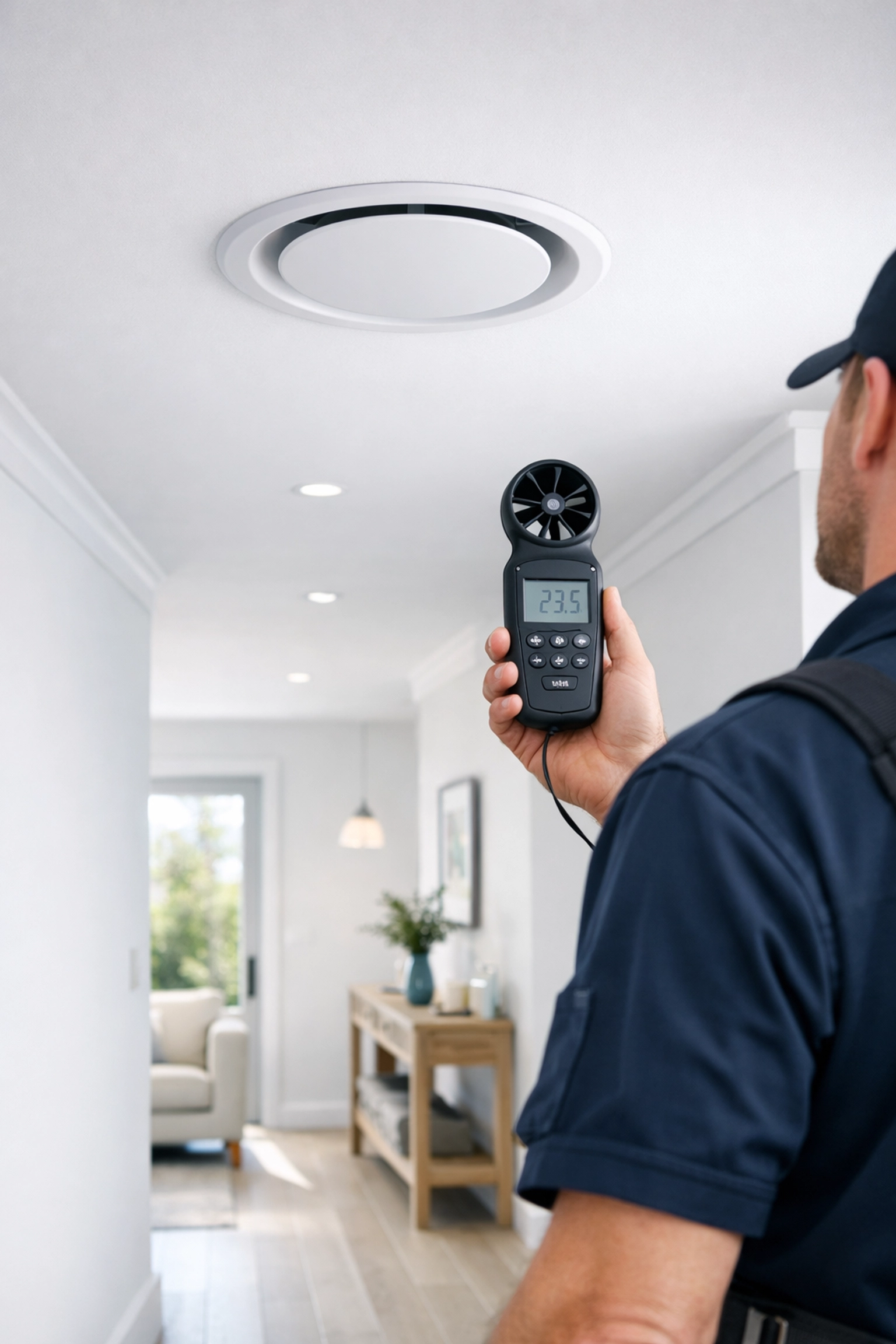 Professional electrician in Dorset measuring airflow from a PIV ventilation unit to prevent home damp and mould.