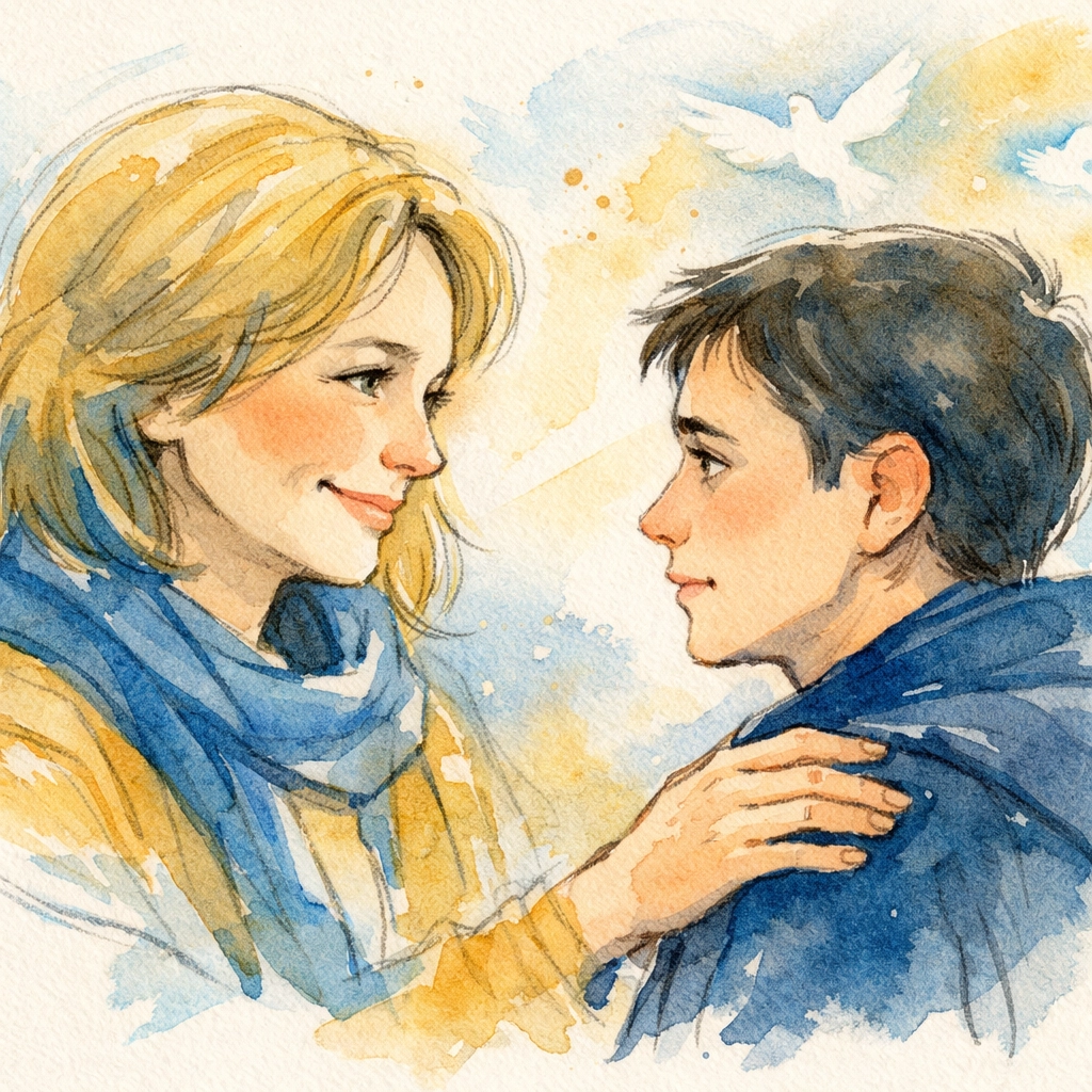 Church greeter warmly welcoming nervous first-time visitor with genuine smile and eye contact